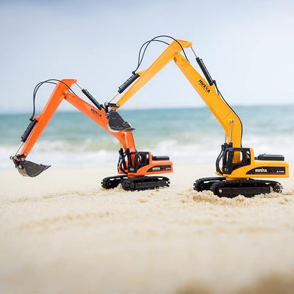 Gemini&Genius Long Reach Excavator Toy for Kids, Heavy Duty Construction Vehicle Digger Toys, 360-degree Rotatable Driver's Compartment, Multi-Jointed Movable Tracked Vehicle for Kids Gift (Yellow)