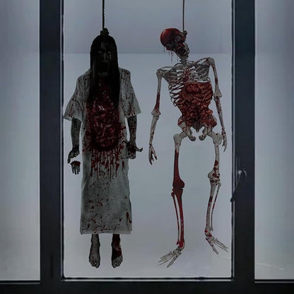 2 Sheets Halloween Window Clings Spooky Double-Sided Hang Bloody Female Ghost & Skeleton Designs Window Decals Decor for Halloween Home Office Party Glass Decoration Supplies