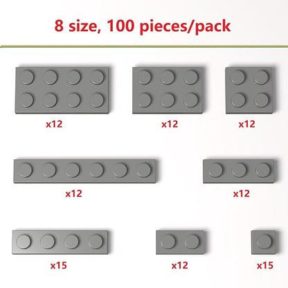 100 Pieces Classic Building Plate Assortment Pack, 8 Sizes Small Baseplates Multipacks, Compatible with Lego Parts and Pieces, Small Plate for Building(Color:Dark Gray)
