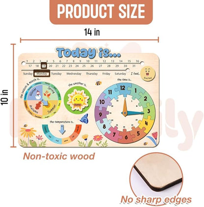 Interactive Calendar for Kids Ages 3+, Wooden Toddler Calendar, Teaching Seasons, Years, Months, Days of Week, Daily Activity Calendars for Kid Preschool & Homeschool (10 x 14 inches)