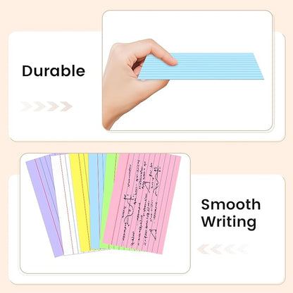 300 Count Index Cards 3x5 Inch Colored - 180gsm Heavyweight Flash Card (50 Sheets Each), Durable & Portable Note Taking for Students, Teachers, Study Flashcards for School Office Home