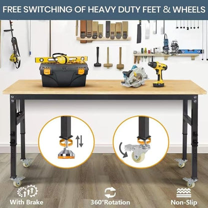 70'' Adjustable Workbench, Rubber Wood Top Work Bench Heavy-Duty Work Table with Socket, Wheels and Fixed Legs 2000 LBS Load Capacity Hardwood Sewing Table for Garage, Workshop, Home, Office