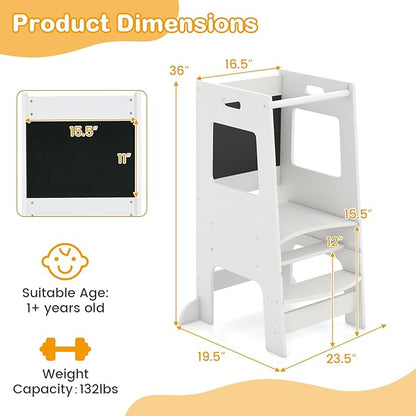 INFANS Toddler Standing Tower, Kids Montessori Kitchen Step Stool Helper with 2 Adjustable Height Learning Blackboard Safety Rail Wooden, Anti-Slip Mats, 1-3 Year Old Boy Girl Gifts (White)