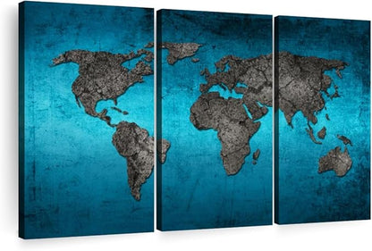 ElephantStock Ocean World Map Multi Piece Canvas - 3 Panel Wall Decor - Map of the World Art - Canvas for the Office and Home - 33" X 20"
