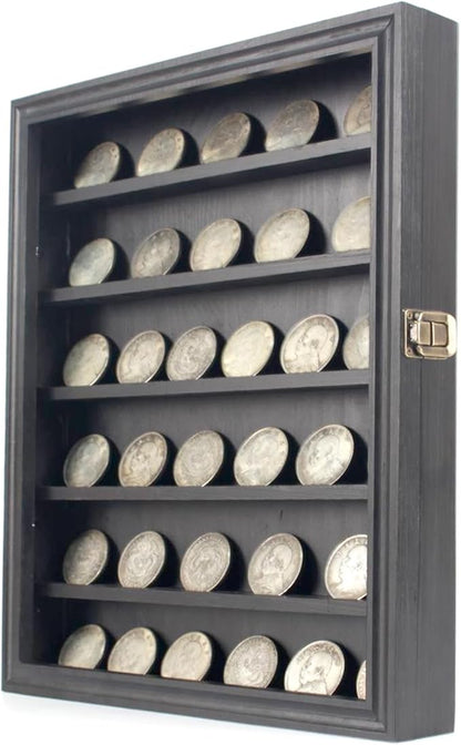 Challenge Coin Display Wall Mount, Military Coin Display Box with Removable Shelf, Poker Chip Holder, Lockable Cabinet Rack Stand