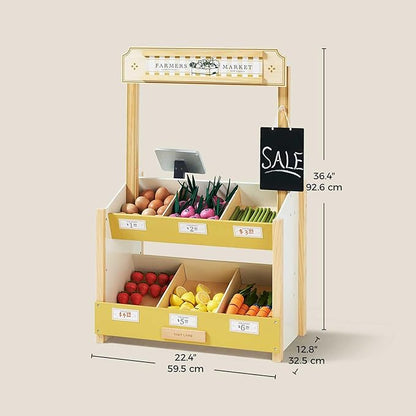 Tiny Land Wooden Play Store – Pretend Farmers Market & Coffee Shop with Cash Register, DIY Price Tags, Chalkboard, Pretend Grocery Store Role Play Toy for Toddlers