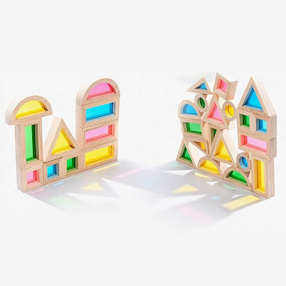 Xylolin Wooden Building Blocks for Toddlers 1-3, 24 Pieces Set Big Toddler Wood Sensory Blocks, Wooden Rainbow Kids Stacking Blocks, Large Colored Window Blocks Educational Toys for Boys Girls