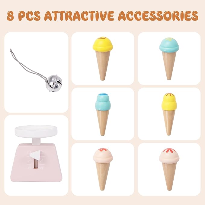 HONEY JOY Kids Ice Cream Cart, Wooden Grocery Store Playset w/6 Pieces Play Food, Realistic Bell & Food Scale, Chalkboard, Pretend Play Dessert Shop Counter Stand Truck, Gift for Boys Girls