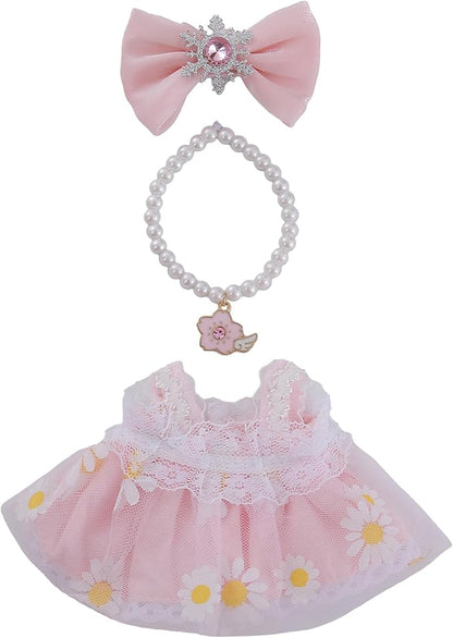 Pink 17cm Doll Clothes Set 3-Piece Doll Dress Set with Necklace and Bow Decor Accessories Clothes Only