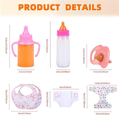Baby Doll Accessories Set – 7 Pcs Feeding and Caring Set with Magic Disappearing Bottles, Pacifier, Diapers and Bibs Doll Pretend Play Gift for Kids