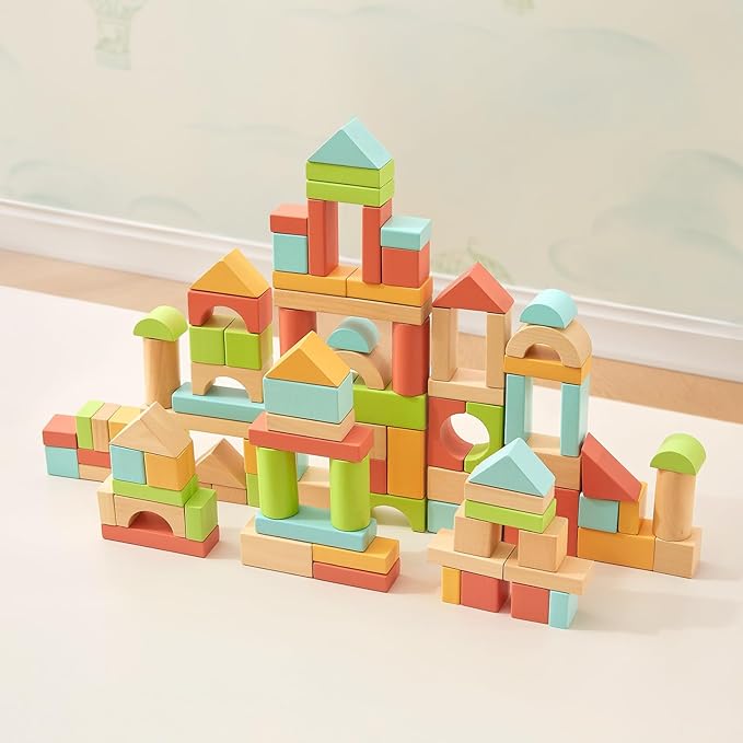100pcs Wooden Blocks for Toddlers 1-3, Building Blocks for Toddlers 1-3, Wooden Block for Baby Shower with Storage Bucket, Montessori Toys for Preschool Girls and Boys