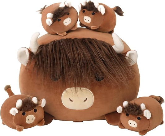 SQEQE Highland Cows Stuffed Animals 5 in 1, Cute Fluffy Cow Plush with 4 Babies in Tummy, Soft Highland Cattle Kid Bedtime for Christmas Valentine's Birthday Gifts, Plushies Decor for Boys Girls
