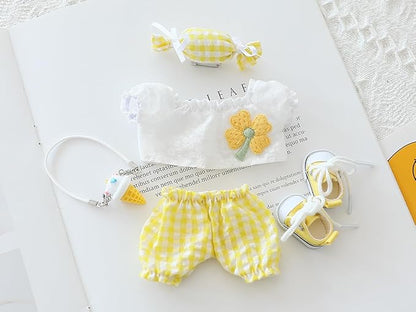 Clothes for Labubu Doll,Clothes for Dolls Accessories,Four-Leaf Clover Candy Summer Replacement Outfit Set 5 Pieces Suitable for Labubu 15&17cm,Adorable Dress-Up Accessories for Doll (Yellow)