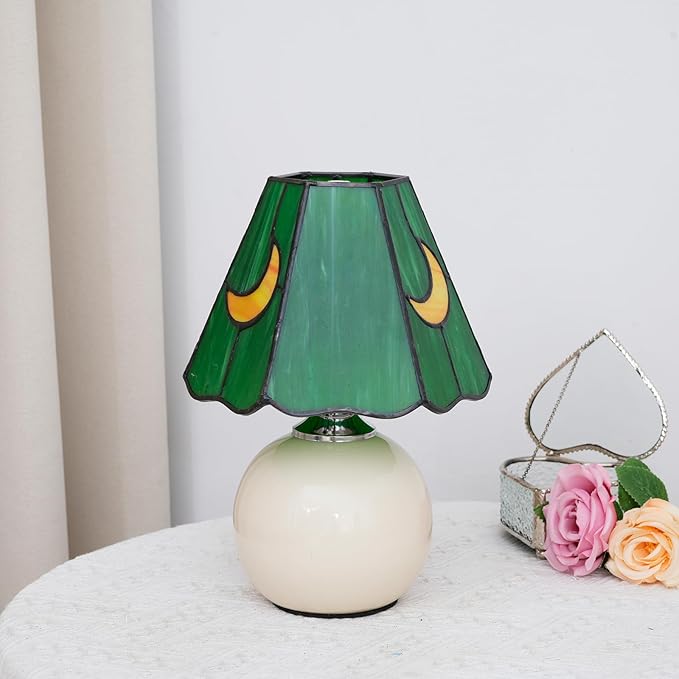 Mushroom Lamp Tiffany Stained Glass Moon lamp Cute Small Bedside Table Lamps for Living Room Home Decor,Girls Women Birthday Christmas Thanksgiving Day Gift,(Green)