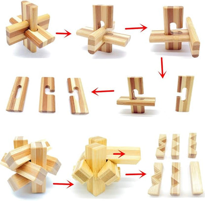 Qiandier Bamboo 3D Puzzle Metal Brain Teasers Puzzles Mind Game Toys Set for Teens and Adults Pack of 12pcs