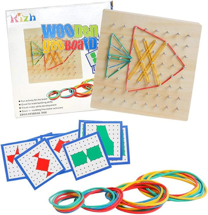 Kizh Wooden Geoboard Math Manipulative Material Graphical Geo Board Montessori Educational Toys Array Block Pattern Cards and Rubber Bands STEM Puzzle Matrix 8x8 Brain Teaser Toys