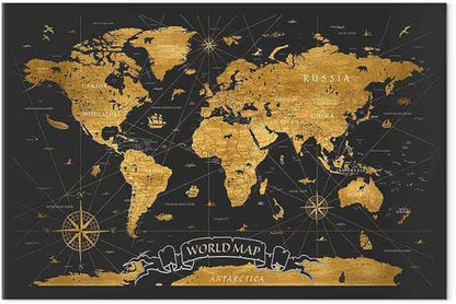 artgeist Canvas Wall Art Print World Map 24x16 in - 1pcs Home Decor Framed Stretched Picture Photo Painting Artwork Image Faux Wood Map of The World Continents Grey k-A-0490-b-a