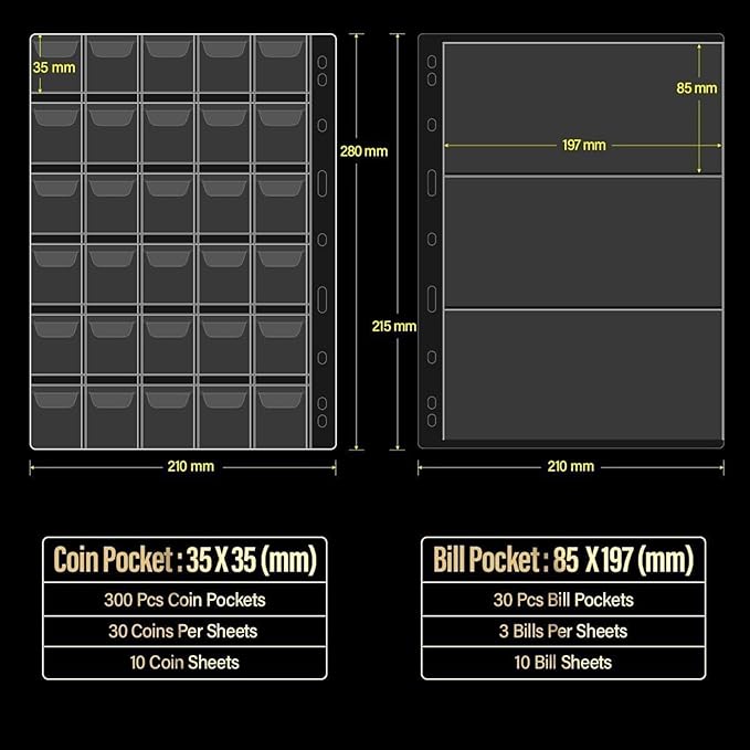 Coin Collection Book- 300 Coins Pockets+30 Bills Pockets, Coin Collection Supplies Holder for Collectors, Coin Album Binder Storage Box Case for Money Currency