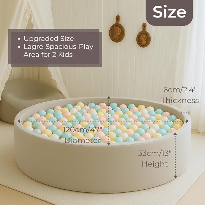 Wonder Space 47" Premium Kids Foam Ball Pit, CPSIA-Certified Safe Soft Play Pool for Toddlers, Large Spacious Round Design for 2-3 Kids, Ideal Gift for Indoor Nursery (Grey)