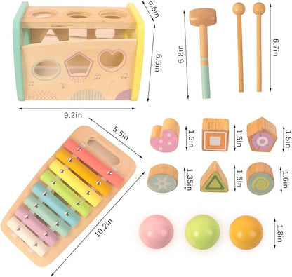Hammering Pounding Toys Wooden Educational Toy Xylophone Shape Sorter, Birthday Gift for 3 Years Boys Girls Baby Toddler Kids Developmental Montessori Learning Toy (Yellow)
