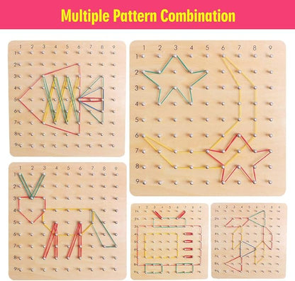 Skrtuan Wooden Geoboard with Pattern Cards & Rubber Bands, Montessori STEM Educational Toy for Kids 3-5 5-8 Years Old, Brain Teaser Puzzle Game for Geometry Learning and Creative Shapes