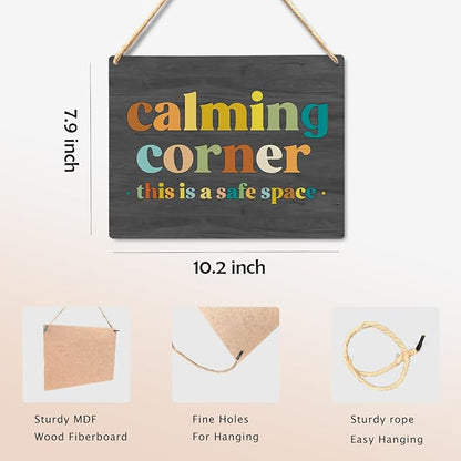 Calming Corner Hanging Wood Sign Plaque - Safe Space, Classroom Decor, School Counselor Office, Calm Down Corner Decorations, Boho Style (Gray), 10x8