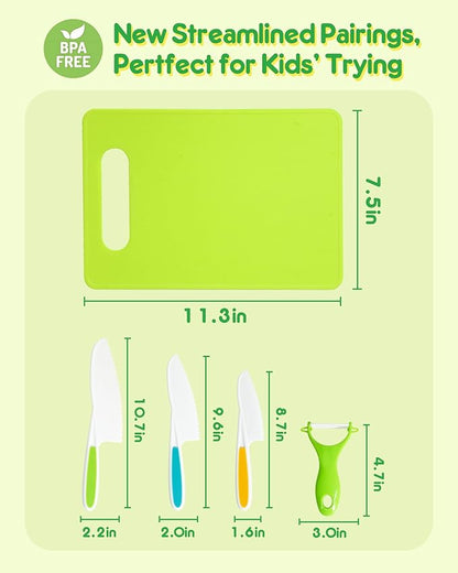 Kids Knife Set, 5 Pcs Montessori Kitchen Tools for Toddlers' Real Cooking, BPA Free Kids Safe Kitchen Cooking and Baking Set with Peeler, Cutting Board for Sandwich Bread Vegetable Fruit Present Gift