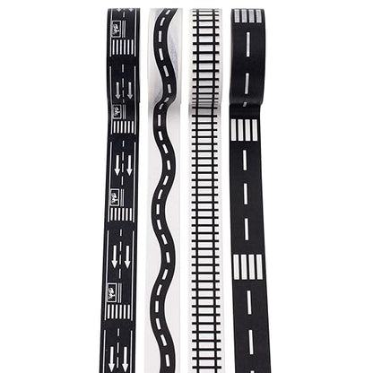 YUBX Highway Washi Tape Set 4 Rolls Black & White Decorative Masking Tapes for Arts, DIY Crafts, Journals, Planners, Scrapbook, Wrapping 15mm x 10m (9/16" x 33')