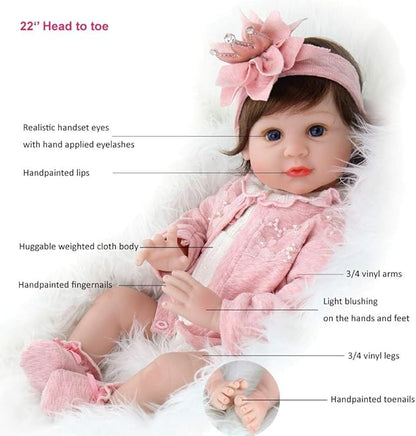 Aori Realistic Reborn Baby Dolls - 22 Inch Lifelike Baby Girl with Feeding Bottle & Pacifier, Weighted Cloth Body for True-to-Life Feel, Gift for Kids Ages 3+