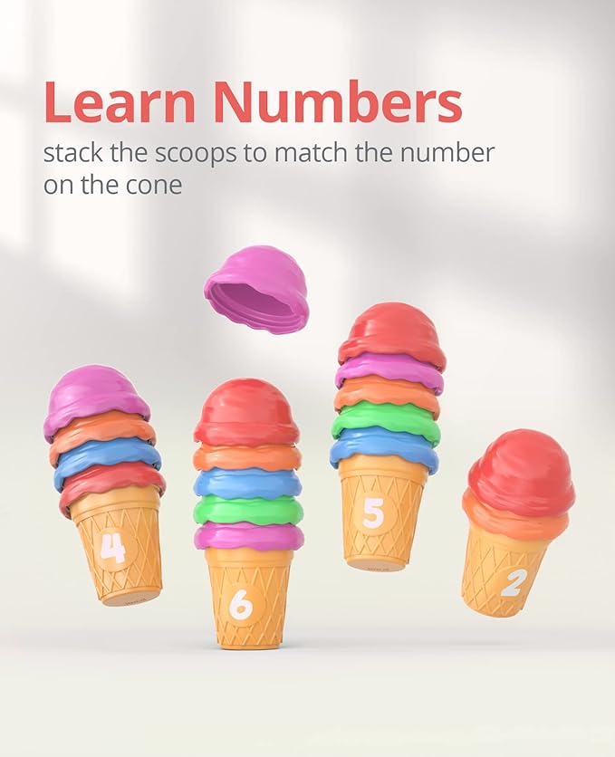 JoyCat Ice Cream Preschool Learning Activities Counting and Color Sorting Set Stacking Toys for Kids 3-5, Educational Fine Motor Skills Toys, 65PCS Math Manipulatives Resources Food Toys