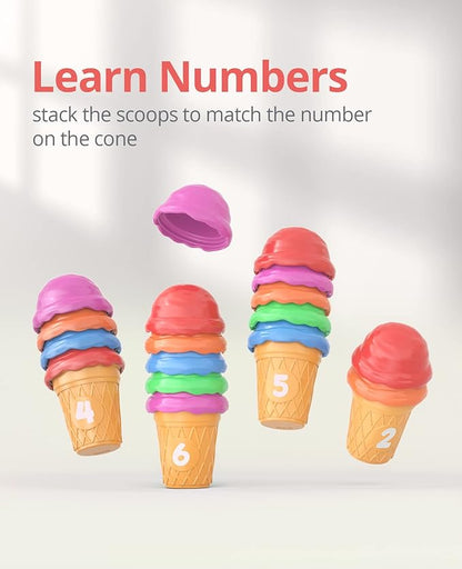 JoyCat Ice Cream Preschool Learning Activities Counting and Color Sorting Set Stacking Toys for Kids 3-5, Educational Fine Motor Skills Toys, 65PCS Math Manipulatives Resources Food Toys