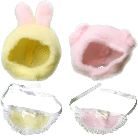 2 Sets of Clothes for Doll, 4 Pcs Accessories for 17cm & 15cm Outfits (No Doll), Double Joy Twin Pack - Small Pink Pig Head Cover + Pink bib, + Milk Powder Rabbit Head Cover + Yellow bib