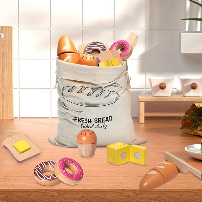 Wooden Bakery Playset Food Toys, Kids Pretend Play Food Baking Set Kitchen Accessories with Storage Bag, Pretend Play Bread Cutting Food for Boys Girls 3+