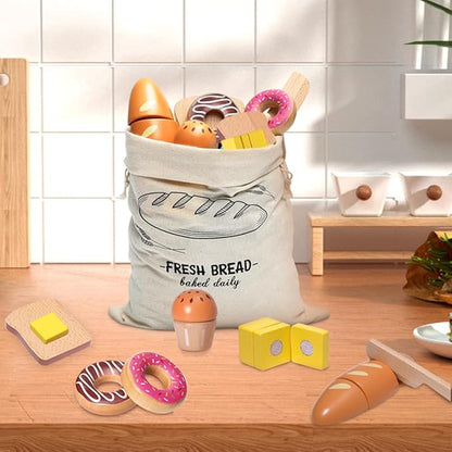 Wooden Bakery Playset Food Toys, Kids Pretend Play Food Baking Set Kitchen Accessories with Storage Bag, Pretend Play Bread Cutting Food for Boys Girls 3+