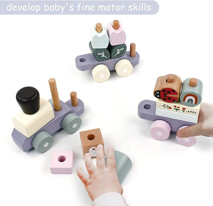 Wooden Stacking Train Toy Set,Wooden Building Blocks Train with Shape Sorter Early Learning Gift for Toddlers Boys Girls 12 Months and up