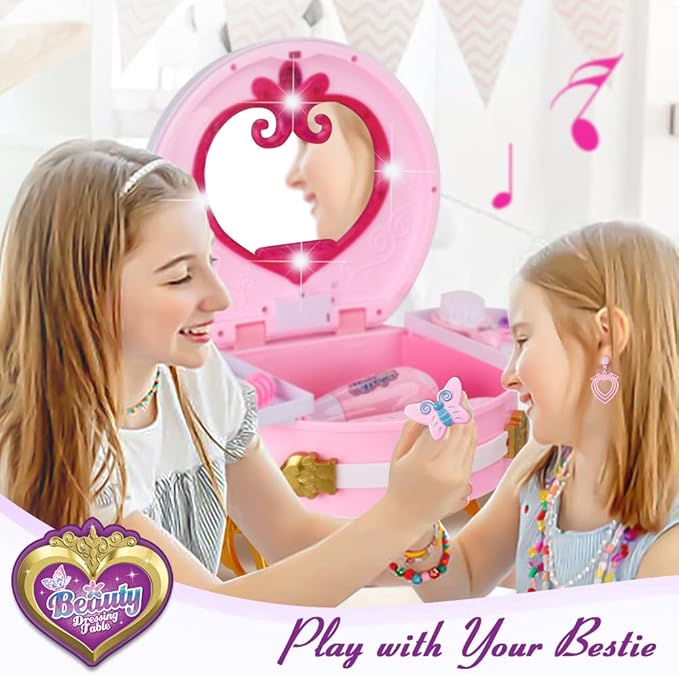 Portable Princess Vanity with Real Mirror, Toddler Makeup Vanity & Styling Tools, Lights and Sounds, Girls Toys Gifts for 3-12 Year Old Kids Birthday Gift