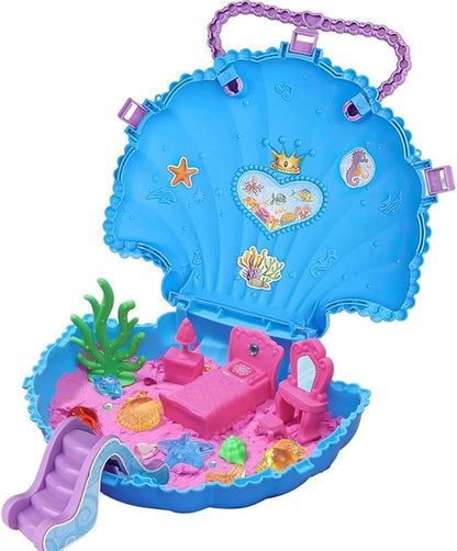G.C Ocean Mermaid Sensory Bin for Girl Kid Toy, 2lb Play Sand/Large Sea Shell/Sandbox/ 6 Castle Molds/Figures, Mermaid Sensory Toys Christmas Birthday Gift for Toddlers Girls Age 3 4 5 6 7 8