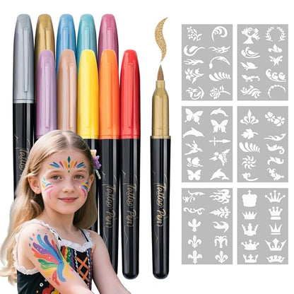 Transon 10 colors Face Painting Marker for Halloween and Makeup Parties Temporary tattoo Painting Body Painting with Brush Tip Including Stencil Stickers