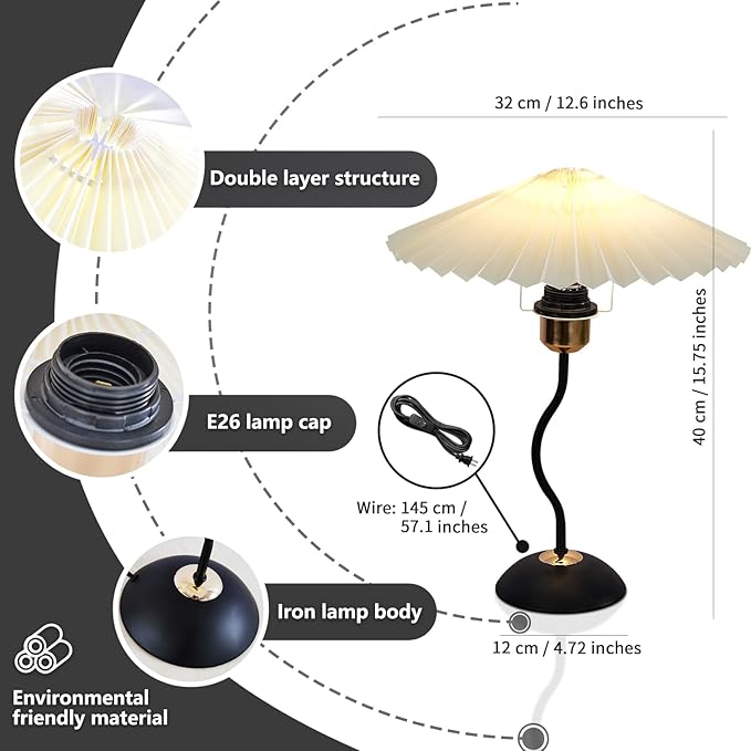 Arts Bedside Table Lamp for Bedroom, Cute Small Pleated Lamps for Nightstand, Vintage Lamp with Umbrella Shade, Decor Desk Reading Lamps for Living Room Kids Room Dorm Office with E26 LED Bulb