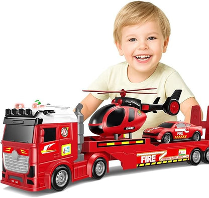Kids Toys for Ages 3 4 5 6 7 8 Years Old Boys, 25" Large Fire Semi Truck with Helicopter & Race Car, Friction Powered Vehicle with Lights & Sounds,Birthday Gift for Boys Girls