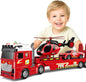 Kids Toys for Ages 3 4 5 6 7 8 Years Old Boys, 25" Large Fire Semi Truck with Helicopter & Race Car, Friction Powered Vehicle with Lights & Sounds,Birthday Gift for Boys Girls