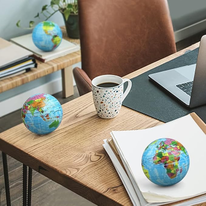 Mini Earth Soft Squishy Ball 3 Pack - 3.7 Inch Foam Globe Stress Balls for Boys Girls- Educational Geography Squishies Toys- Squeeze Sensory Learning Toy World Map for Kids Adults