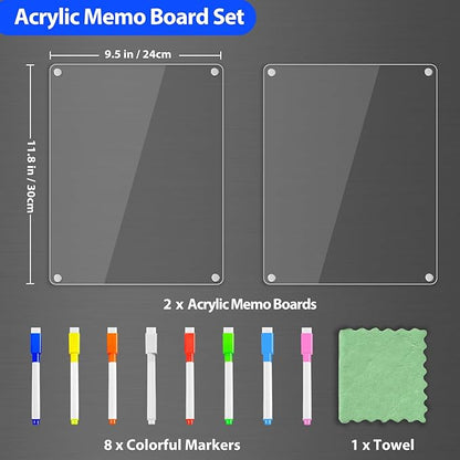 PigPotParty Clear Acrylic Magnetic Whiteboard for Fridge, 2 Pack 9.5"x12" Dry Erase Board Blank Memo Shopping/Grocery to Do List Meal Planner Chore Chart for Adult Teens Kids, w/ 8 Markers & 1 Towel