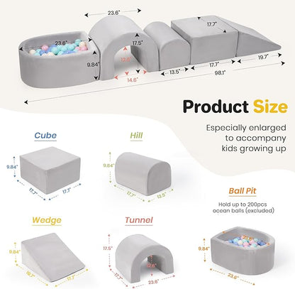 Foam Climbing Blocks for Toddlers, 5-Piece Tunnel Climber and Crawl Playset, Indoor Activity Play with Ball Pit, Machine Washable Velvet Cover, Soft Climbing Toy for Kids 1-3 (Gray)