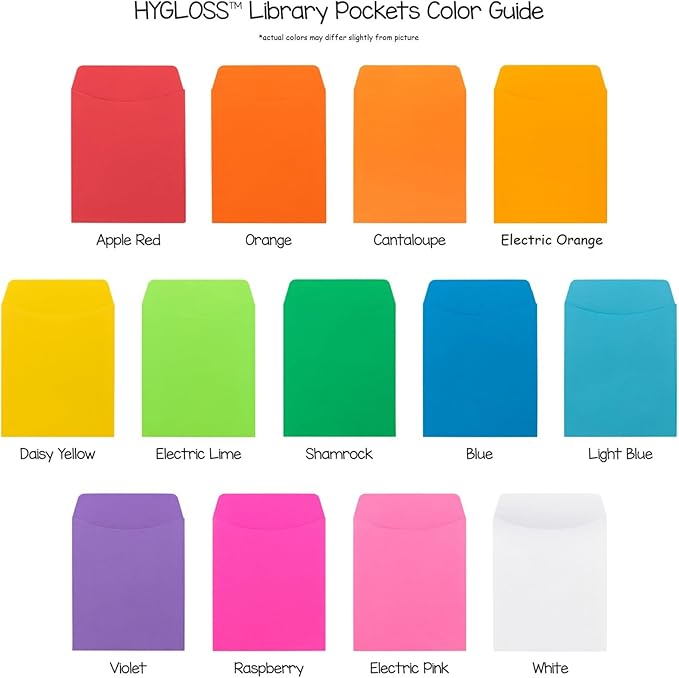 Hygloss 30 Library Card Pockets 3.5x5 Inch - Non-Adhesive Pocket Envelopes - Electric Lime - Classroom Envelope Pockets - Ideal for Organizing - Colorful Small Library Book Pocket