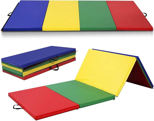 Giantex 4'x10'x 2" Gymnastics Mat, 4-Panel Folding Aerobics Exercise Mat w/Hook & Loop Fastener, Carrying Handle, Portable Tumbling Mat for Stretching Yoga Cheerleading Martial Arts