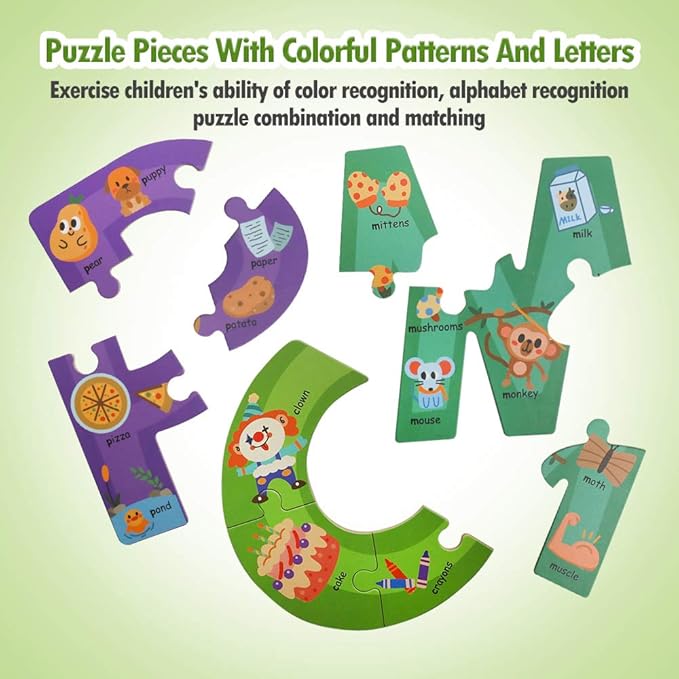 Wooden Jumbo Alphabet ABC Letter Toddler Puzzles Color Shape Animals Recognition Montessori STEM Jigsaw Preschool Learning Educational Toy for Kids 3 4 5 Years Old Boys Girls