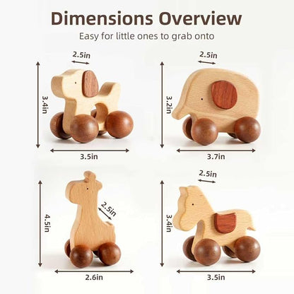 Wooden Push Car Toy Set – 4PCS Montessori Wooden Cars for Kids Age 3+ | Push & Pull Animal Toy Cars (Puppy, Elephant, Pony, Giraffe) | Safe Wooden Baby Toys Gift