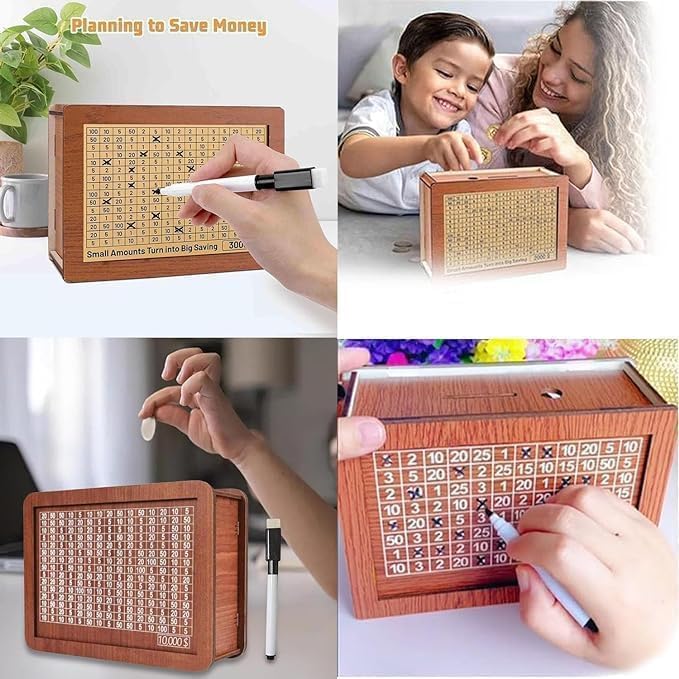 Wooden Coin Bank Money Saving Box, Cash Vault Wooden Savings Box, Wooden Digital Piggy Bank with Counting Target, Money Vault Savings for Boys and Girls (1000 Savings Challenge Box)