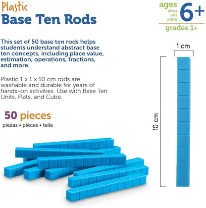 Learning Resources Plastic Base Ten Rods, Early Math, Counting Toys, Homeschool Supplies Set of 50, Ages 6+